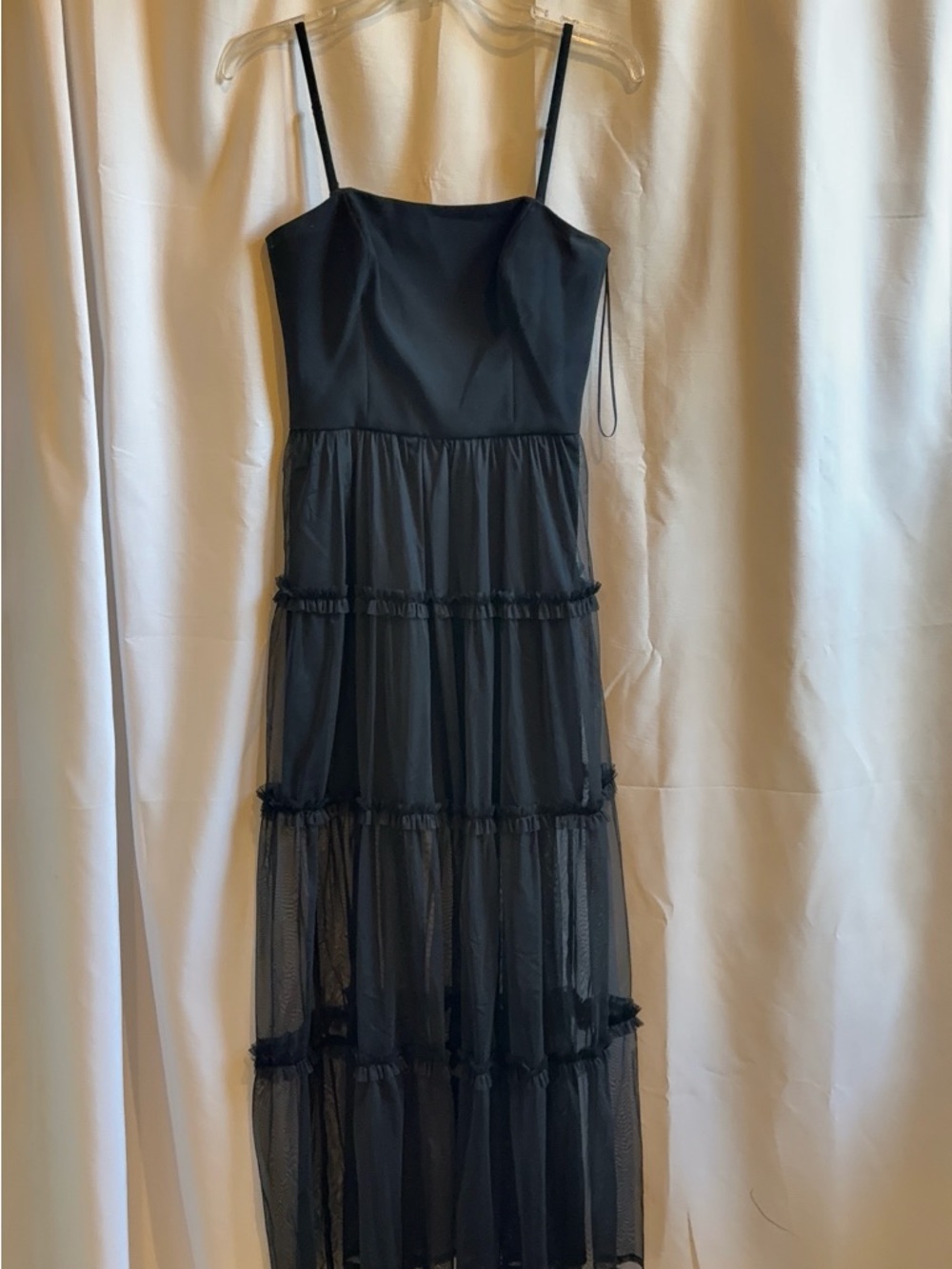 French Connection Black Tiered Mesh Maxi Dress with Spaghetti Straps